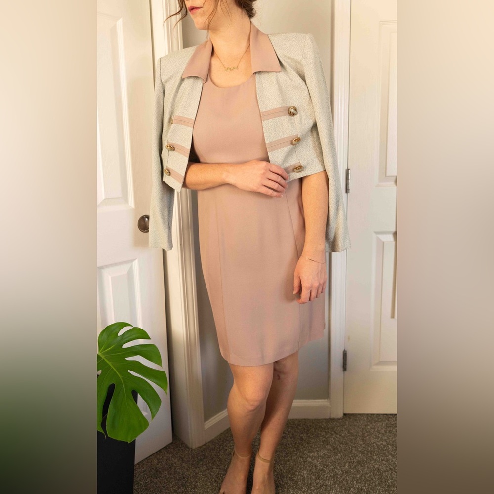 Vintage Casual Corner Muave Dress & Button Shoulder Pad Blazer Grey and Muave